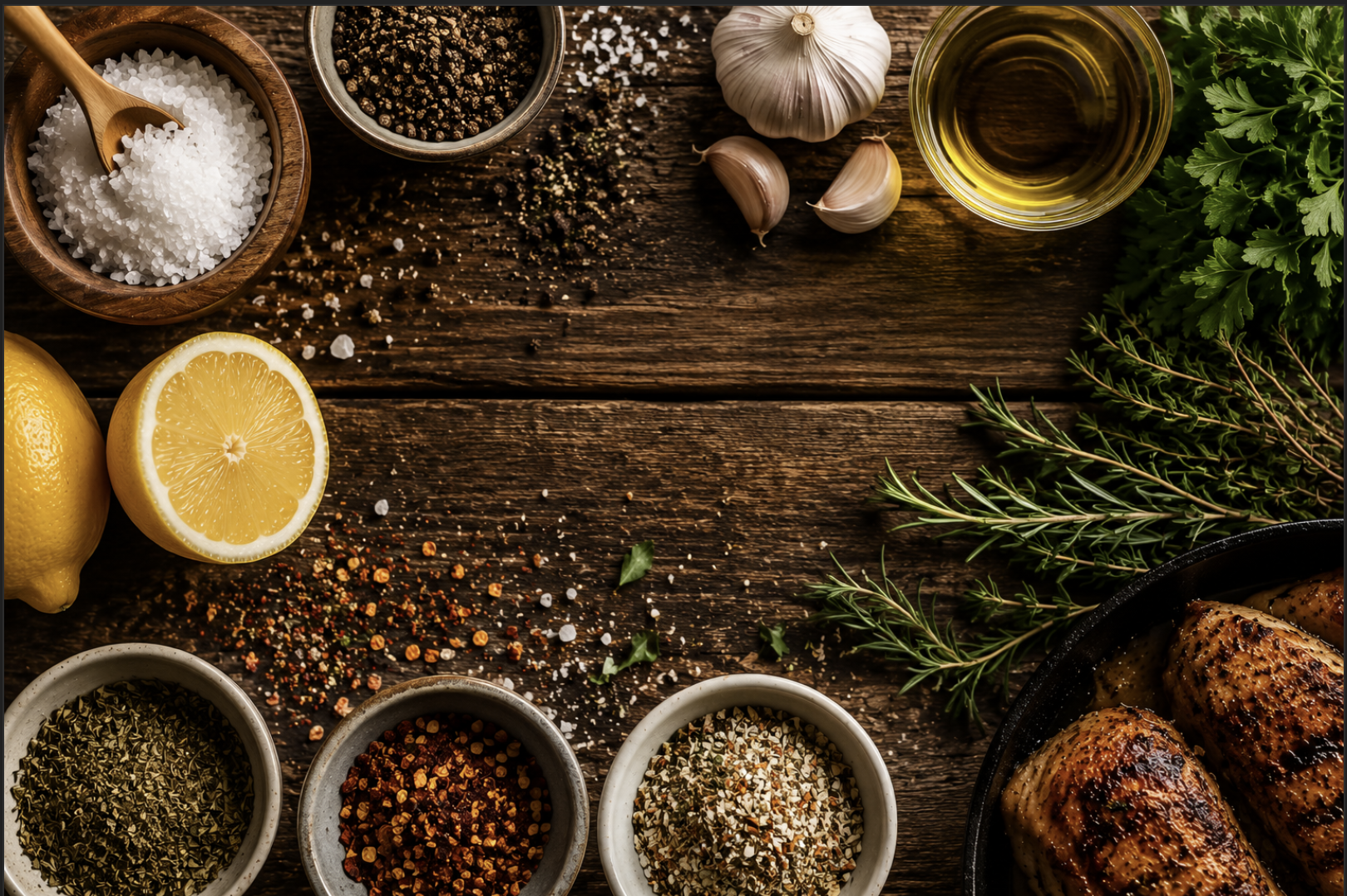 Ingredients used to season food properly including sea salt, herbs, garlic, lemon, spices, and grilled chicken